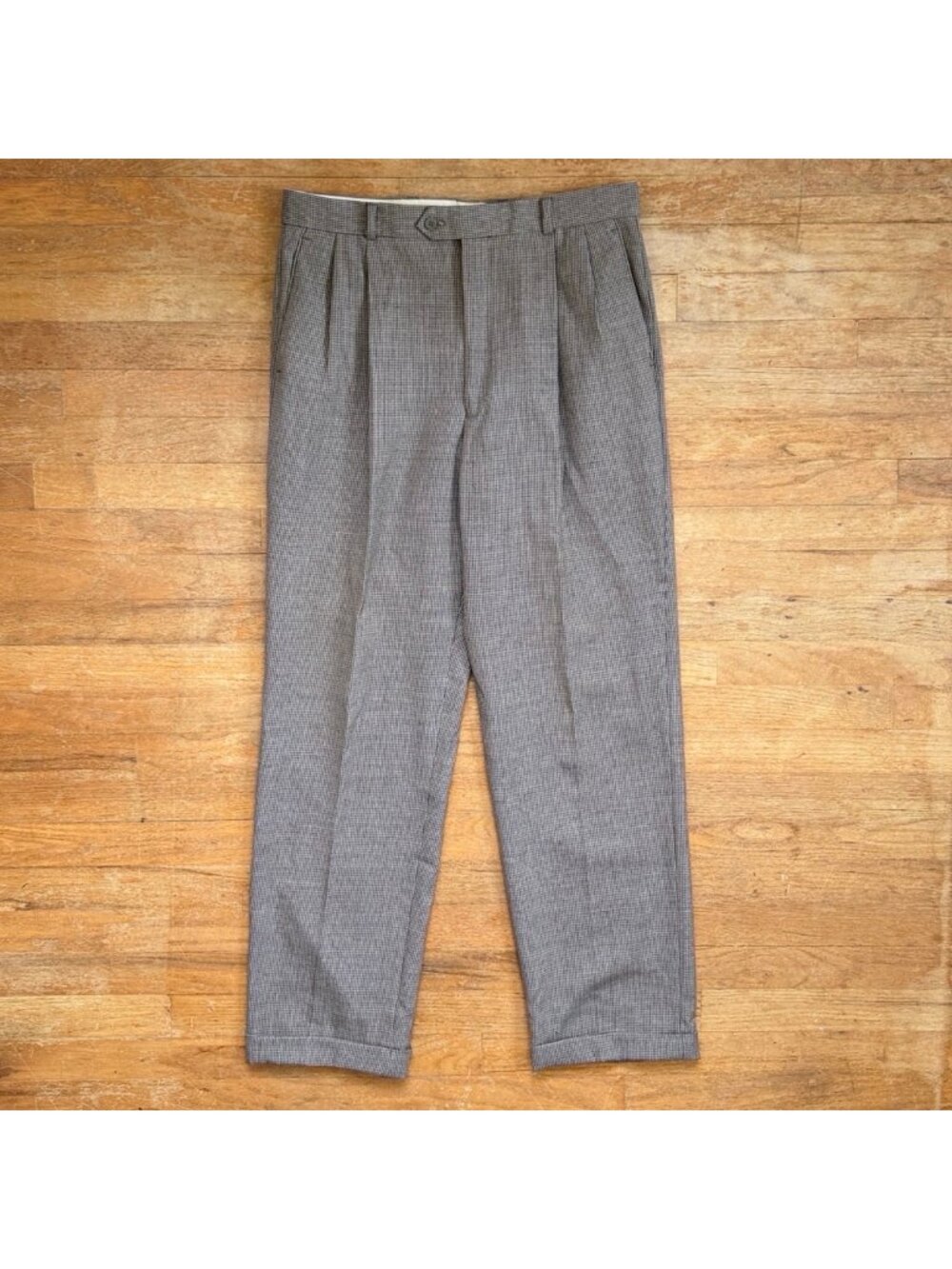 Vintage Mens Double Pleated Houndstooth Pants Size 34x32 90s Wool Trousers
